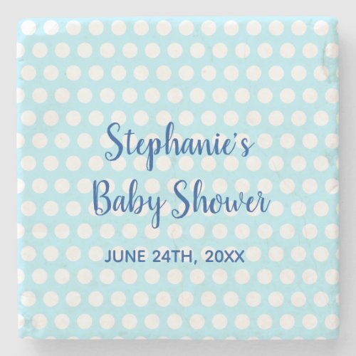 White Polka Dots Teal Blue Girl Boy Baby Shower Stone Coaster