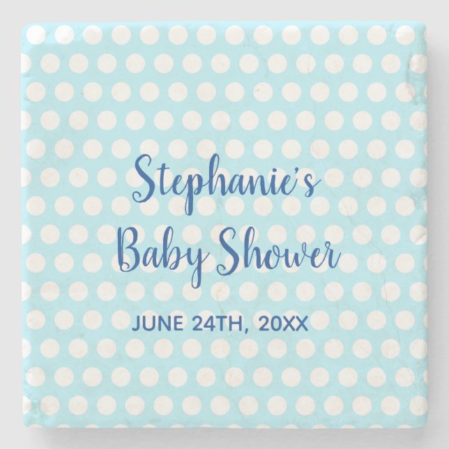 White Polka Dots Teal Blue Girl Boy Baby Shower Stone Coaster (Front)
