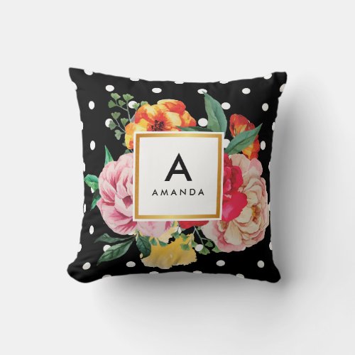 WHITE polka dots Watercolor Peony Flowers Monogram Throw Pillow