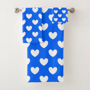White polka hearts on blue bath towel set