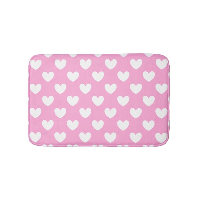 White polka hearts on Cotton Candy Pink Bathroom Mat (Front)