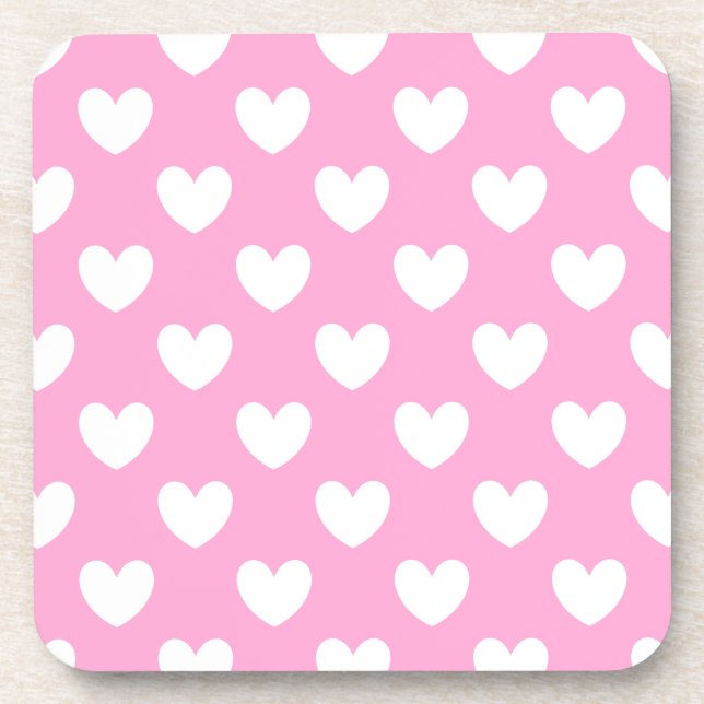 White polka hearts on Cotton Candy Pink Drink Coaster (Front)