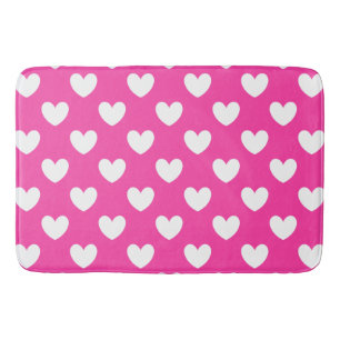 White polka hearts on fuchsia pink bath mat