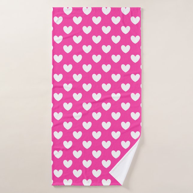 White polka hearts on fuchsia pink bath towel (Bath Towel)