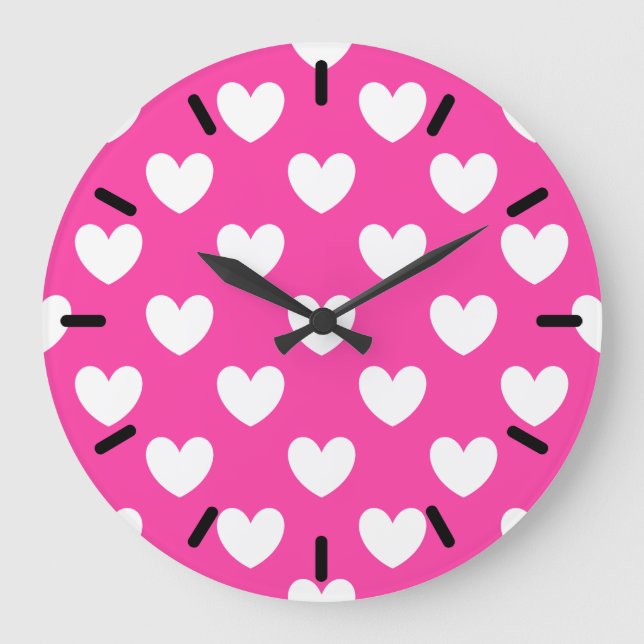 White polka hearts on fuchsia pink large clock (Front)