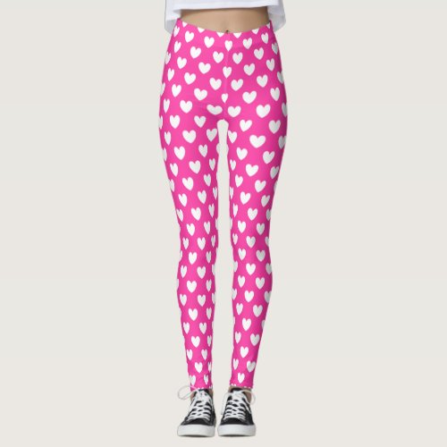 White polka hearts on fuchsia pink leggings