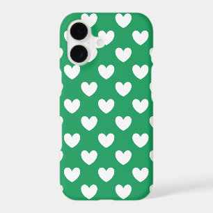 White polka hearts on Kelly green iPhone 17 Case