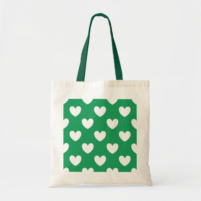 White polka hearts on Kelly green Tote Bag (Front)