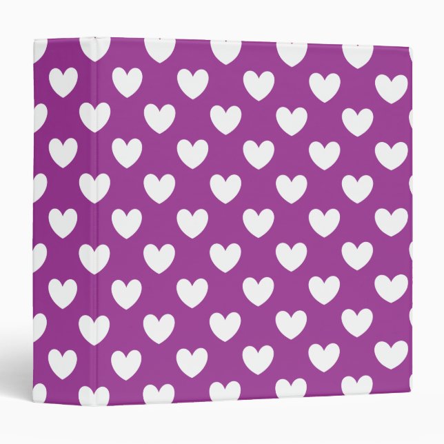 White polka hearts on purple 3 ring binder (Front/Spine)