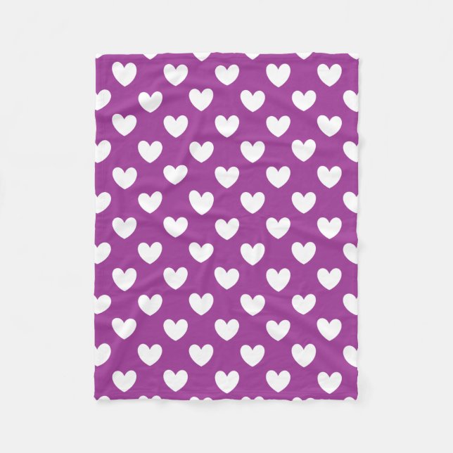 White polka hearts on Purple Cactus Flower purple Fleece Blanket (Front)