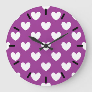 White polka hearts on purple large clock
