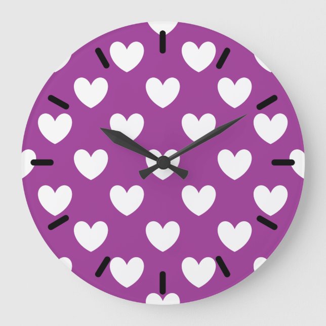 White polka hearts on purple large clock (Front)