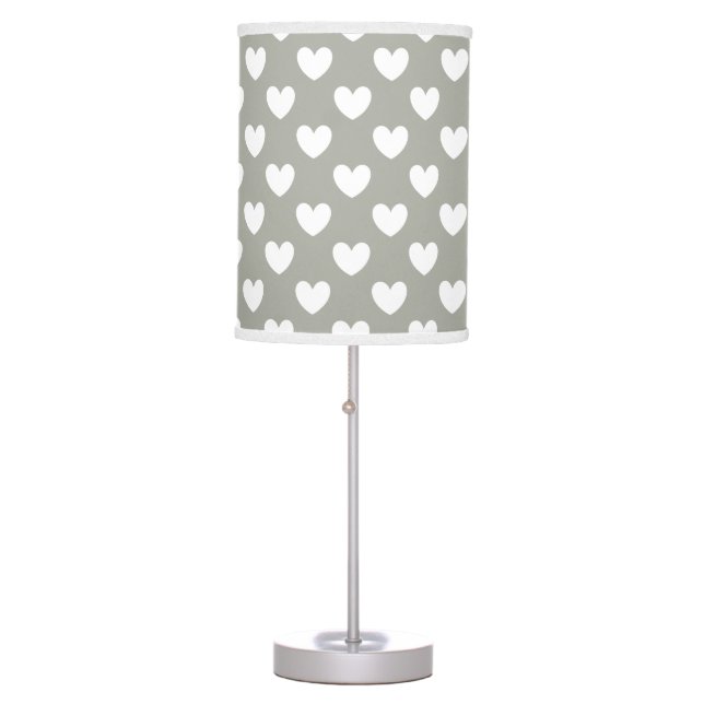 White polka hearts on Pussywillow Gray Table Lamp (Front)