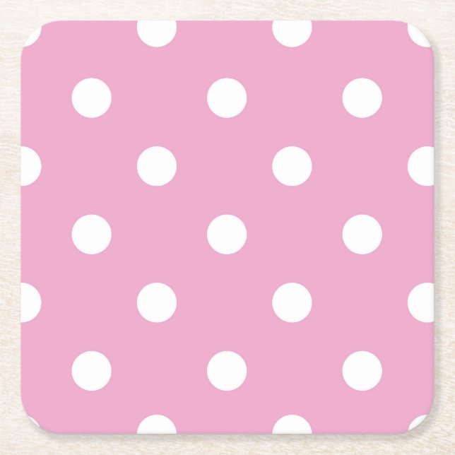 White Polka on Pink Square Paper Coaster (Front)