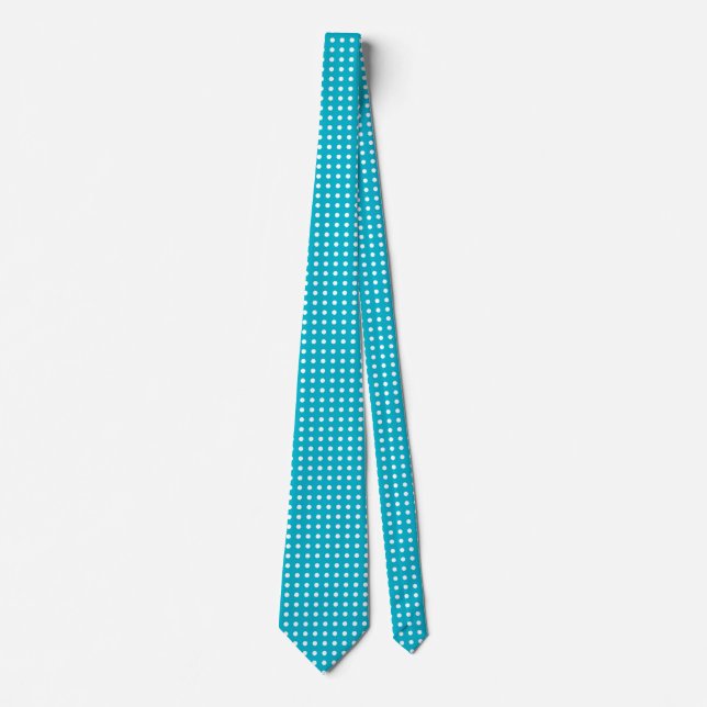 White Polkadot Pattern Custom Aqua-Blue Background Tie (Front)