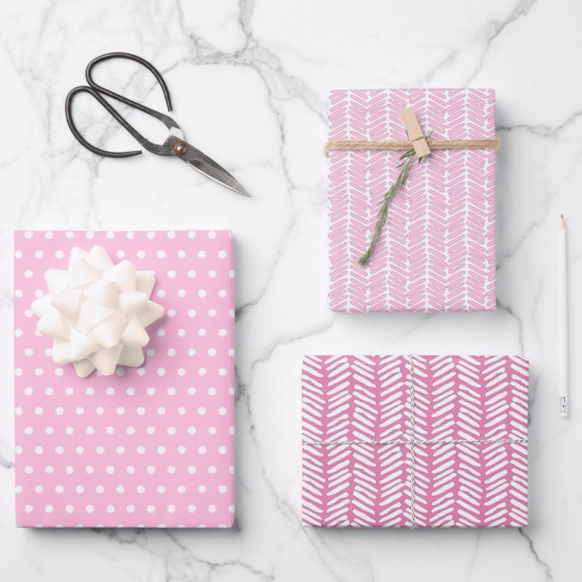 White Polkadots Chevron Stripes Baby Pink Wrapping Paper Sheets (Front)