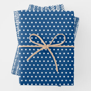 White Polkadots Chevron Stripes On French Blue Wrapping Paper Sheets