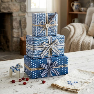 White Polkadots Chevron Stripes On French Blue Wrapping Paper Sheets