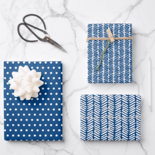 White Polkadots Chevron Stripes On Summer Blue Wrapping Paper Sheets