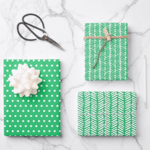 White Polkadots Chevron Stripes On Summer Green Wrapping Paper Sheets
