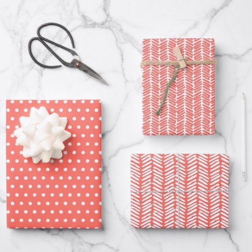 White Polkadots Chevron Stripes Summer Coral Red Wrapping Paper Sheets