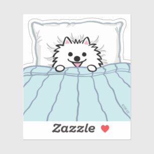 White Pomeranian Adorable Dog Tucked in Bed Sticker