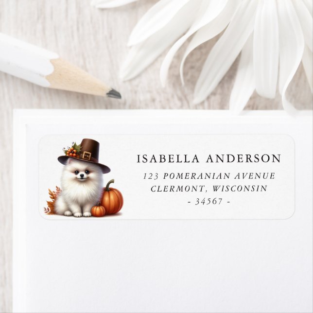 White Pomeranian Autumn Thanksgiving Address Label (Insitu)