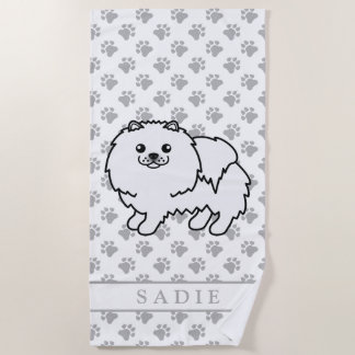 White Pomeranian Cute Cartoon Dog &amp; Name Beach Towel