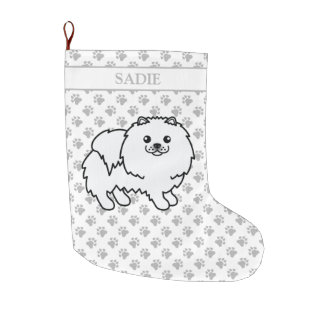 White Pomeranian Cute Cartoon Dog &amp; Name Large Christmas Stocking