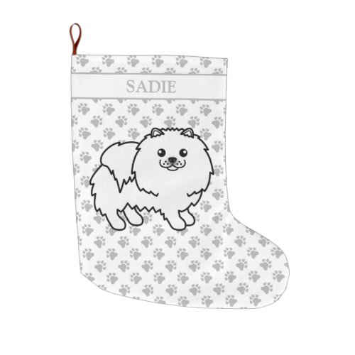 White Pomeranian Cute Cartoon Dog  Name Large Christmas Stocking
