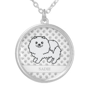 White Pomeranian Cute Cartoon Dog & Name Silver Plated Necklace