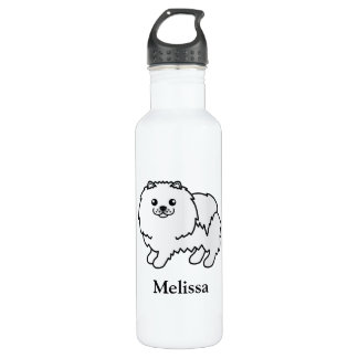 White Pomeranian Cute Cartoon Dog &amp; Name Stainless Steel Water Bottle