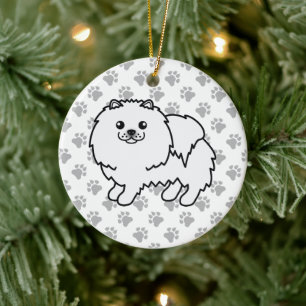 White Pomeranian Cute Cartoon Dog & Paws Ceramic Ornament