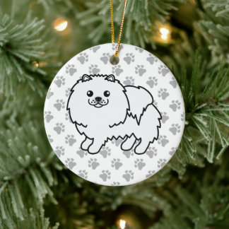 White Pomeranian Cute Cartoon Dog &amp; Paws Ceramic Ornament