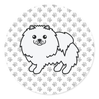 White Pomeranian Cute Cartoon Dog &amp; Paws Classic Round Sticker