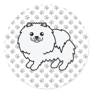 White Pomeranian Cute Cartoon Dog &amp; Paws Classic Round Sticker