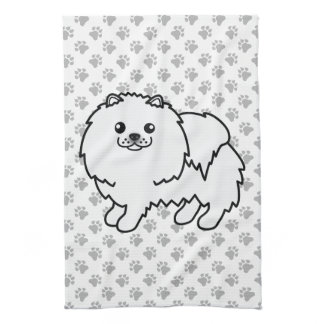 White Pomeranian Cute Cartoon Dog &amp; Paws Kitchen Towel