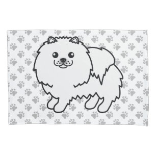 White Pomeranian Cute Cartoon Dog & Paws Pillow Case