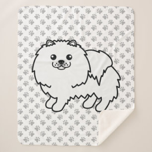 White Pomeranian Cute Cartoon Dog & Paws Sherpa Blanket