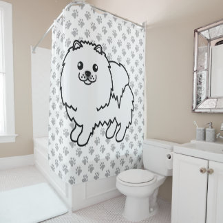 White Pomeranian Cute Cartoon Dog &amp; Paws Shower Curtain
