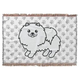 White Pomeranian Cute Cartoon Dog &amp; Paws Throw Blanket