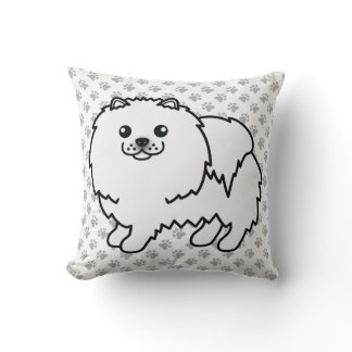 White Pomeranian Cute Cartoon Dog &amp; Paws Throw Pillow