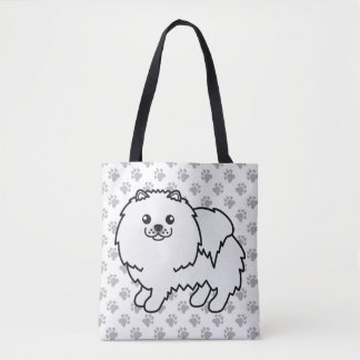 White Pomeranian Cute Cartoon Dog &amp; Paws Tote Bag