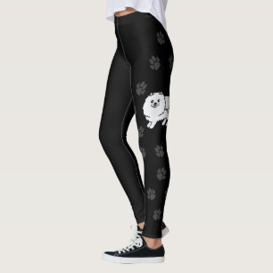 White Pomeranian Cute Cartoon Dog With Paws Black Leggings