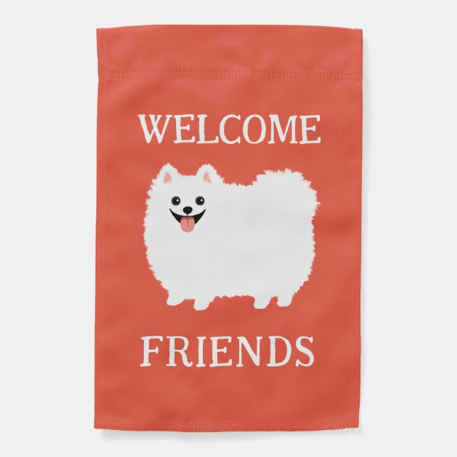 White Pomeranian Cute Dog Welcome Friends Garden Flag (Front)