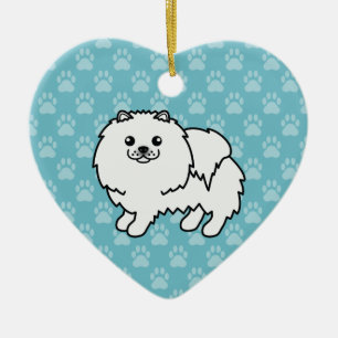 White Pomeranian Dog Cartoon Illustration On Blue Ceramic Ornament