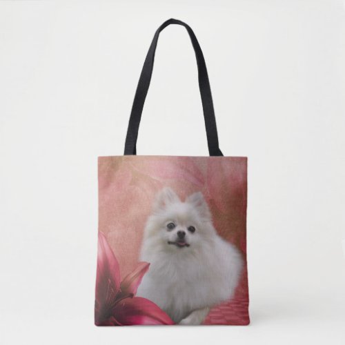 White Pomeranian Dog Flowers Animal    Tote Bag