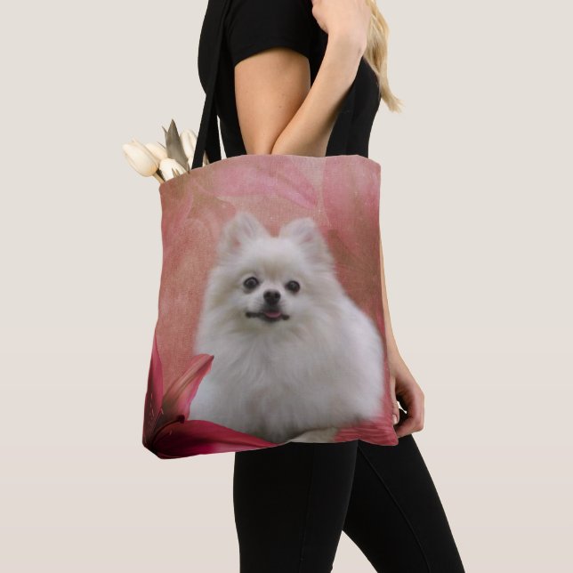 White Pomeranian Dog Flowers Animal    Tote Bag (Close Up)