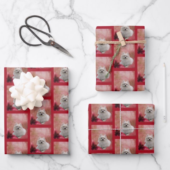 White Pomeranian Dog Flowers Animal  Wrapping Paper Sheets (Front)
