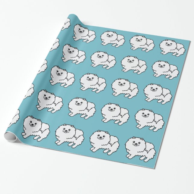 White Pomeranian Dog Illustration Pattern On Blue Wrapping Paper (Unrolled)